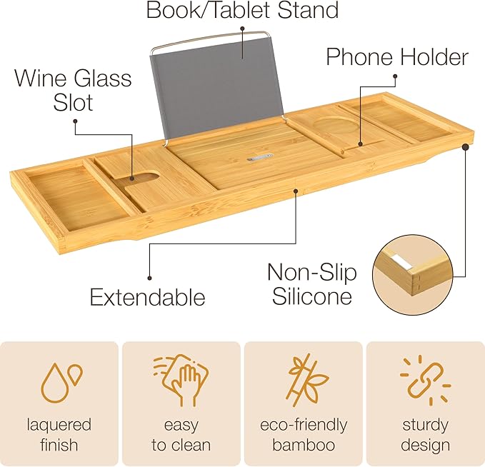 Personalized Bathtub Tray - Engraved Foldable Bamboo Bath Caddy, Tub Tray with Expandable Sides, Luxury Wooden Bath Table for Relaxation Spa - Customized Gift for Mom, Wife, New Home