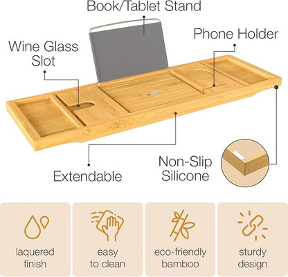 Wooden Bathtub Tray - Foldable Expandable Bamboo Bath Tray for Tub with Wine Holder, Book & Tablet Stand - Bath Caddy for Bathtub, Spa Bath Accessories for Women, Tub Tray Table, Gift for Her or Him
