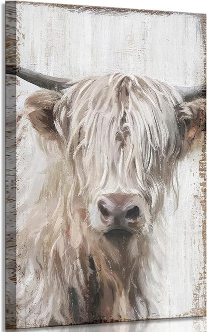 1Pcs Highland Cow Wall Art Farmhouse Cow Canvas Wall Decor Picture White Wildlife Painting Vintage Highland Cattle Print Artwork for Living Room Office Kitchen Bathroom Home Decoration 16x24IN