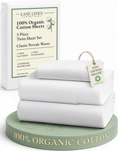 LANE LINEN 100% Organic Cotton Twin Sheets Set, 3Pc Twin Bed Sheets, Soft & Comfy Breathable Cotton Percale Sheets for Twin Size Bed, Dorm Room Essentials Low Pill Fade Resistant White Sheets