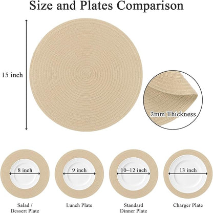 SHACOS 15 inch Round Braided Placemats Set of 6 Non Slip Heat Resistant Round Table Mats Fabric Place Mats for Dinner Party Table Decoration (Light Beige, 6)