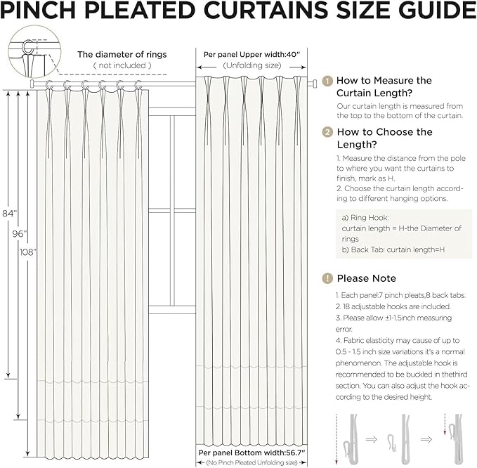 Joydeco Greyish White Pinch Pleated Thick Linen Curtains 84 Inch Long 2 Panel Set for Living Room, Double-Faced Curtain for Bedroom, Back Tab Blackout Drapes with Adjustable Hooks (40”W x84”L)