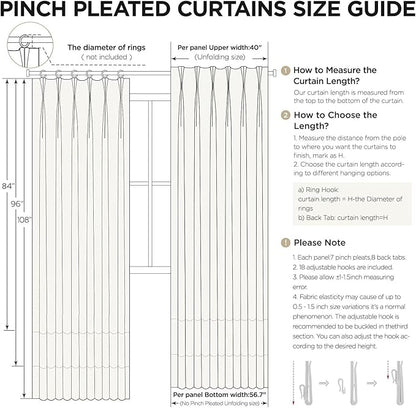 Joydeco Greyish White Pinch Pleated Thick Linen Curtains 90 Inch Long 2 Panel Set for Living Room, Double-Faced Curtain for Bedroom, Back Tab Blackout Drapes with Adjustable Hooks (40”W x90”L)