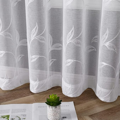 VISIONTEX White Sheer Curtains 95 Inches Long 2 Panels Set Embroidered Floral Leaf Pattern Rod Pocket Semi Sheer Voile Window Curtains/Drapes for Bedroom Living Room 54 x 95 Inches
