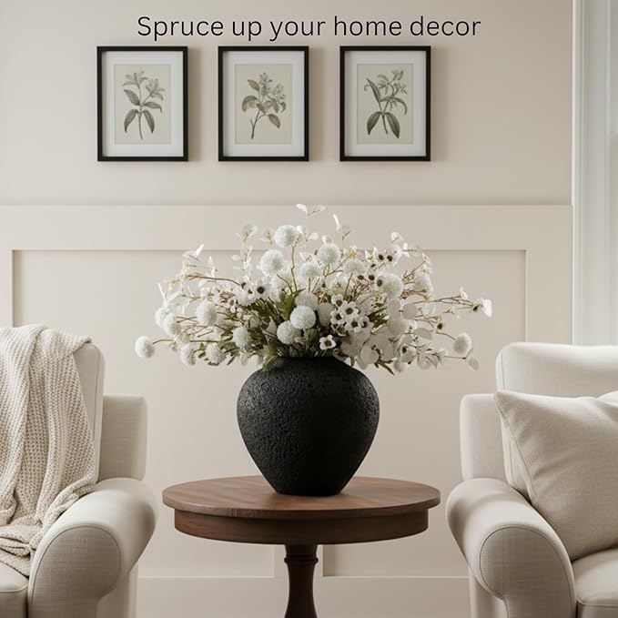 Black Large Round Vase Pottery Look for Home Decor, Arina Black Rustic Vase Modern Farmhouse, Console Table Decor, Earthy Textured Big Black Round Vases for Centerpieces, Jarrones Grandes