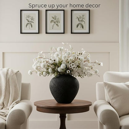 Black Large Round Vase Pottery Look for Home Decor, Arina Black Rustic Vase Modern Farmhouse, Console Table Decor, Earthy Textured Big Black Round Vases for Centerpieces, Jarrones Grandes