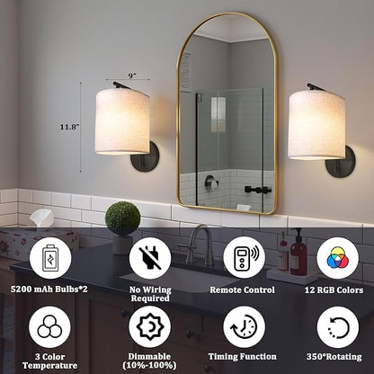 Rechargeable Battery Operated Wall Sconces Set of 2, Wireless Wall Lights with Remote Control 12 RGB Colors Magnetic Bulbs 5200mAh Battery Wireless Sconces for Bedroom Living Room (Black)