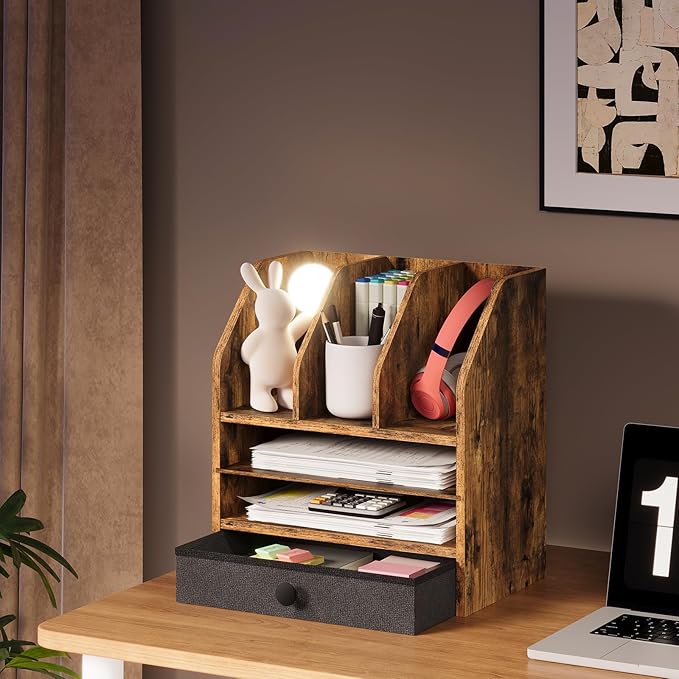 Wooden Desk Organizer with Removable Shelf and Fabric Drawer, Multi-Compartment Desktop File Holder for Home Office Storage, Desktop Mail Organizer, Rustic Brown MWJ05FG