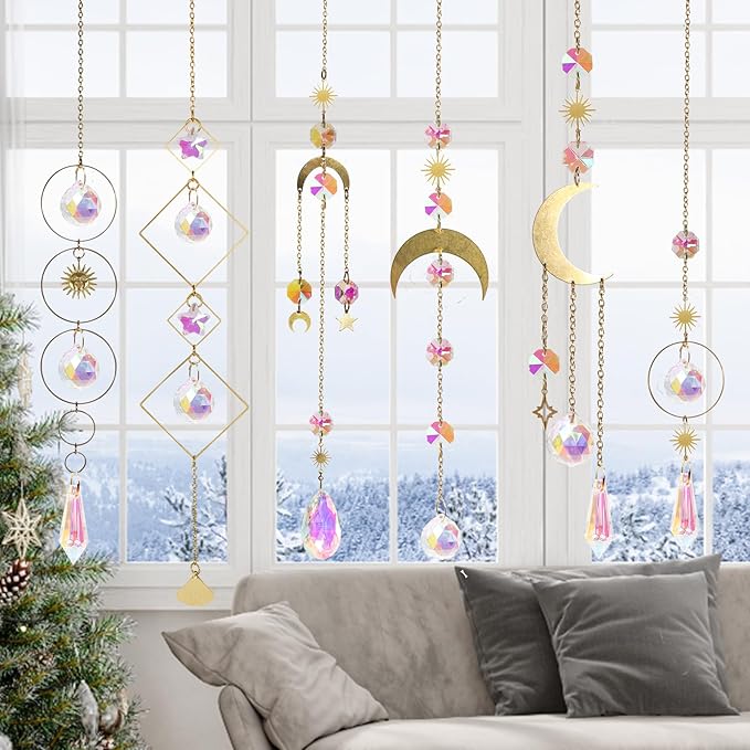 6pcs Crystal Suncatcher, Sun Catcher Hanging for Windows, Spiritual, Rainbow Maker, Crystal Indoor Garden Home Decor,Gemstone Prism（Set 2）