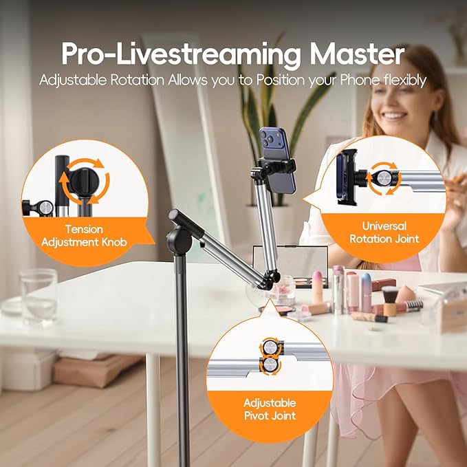Phone Stand for Recording, Digital Heavy Duty Stand with Wheels and Weight Base, Free Rotation Aluminum Phone Mount with Adjustable Angles & Height for Content Creation, Floor Phone Stand