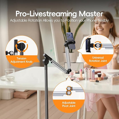Phone Stand for Recording, Digital Heavy Duty Stand with Wheels and Weight Base, Free Rotation Aluminum Phone Mount with Adjustable Angles & Height for Content Creation, Floor Phone Stand
