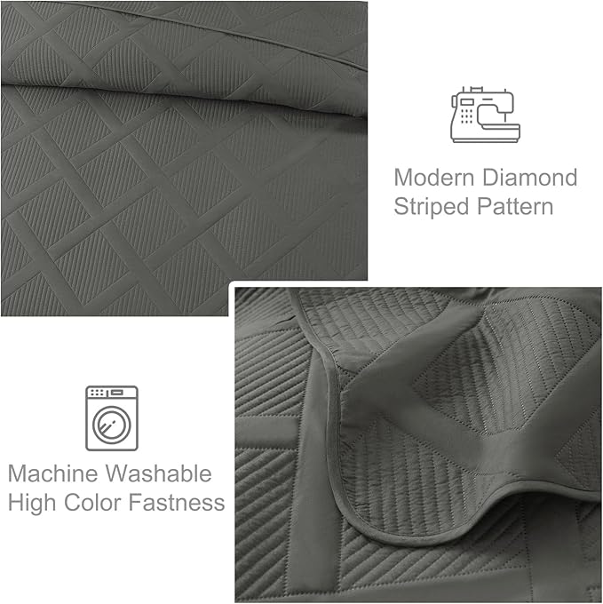 Exclusivo Mezcla King Quilt Set- Grey Quilts Bedding Set with 2 Pillow Shams, Modern King Bedspread with Striped Pattern, Soft Lightweight Bedspreads Coverlets for All Seasons