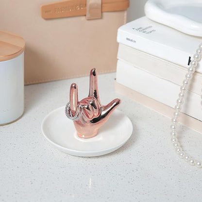 I LOVE YOU Hand Ring Holder - Ceramic Jewelry Holder Dish Trinket Tray for Rings, Earrings, Necklace Organizer, Engagement & Wedding Ring Holder, Christmas & Birthday Gifts (Rose Gold)