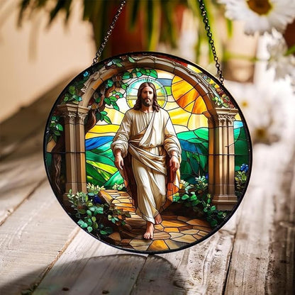 8 Inch Stained Glass Suncatcher for Window Hanging, Christian Stained Glass Windows Hanging Religious Gifts for Women, Sun Catcher for Home Garden Decor, Easter, Faith,Baptism, Memorial