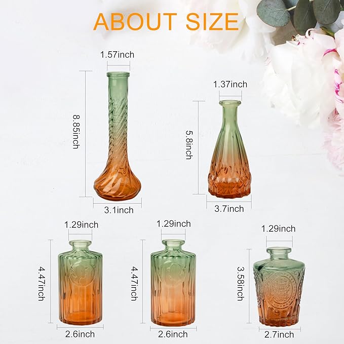 Vintage Glass Bud Vases, Set of 5 – Gradient Green Small Flower Vases for Wedding, Party, and Home Decoration