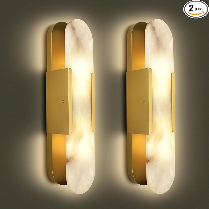 Set of 2, 19.7" Brass Alabaster Wall Sconces, Hardwired Indoor Lights, Natural Alabaster Stone Shade, Modern Oval Vanity Lighting for Bedroom, Bathroom, Hallway, Stairs