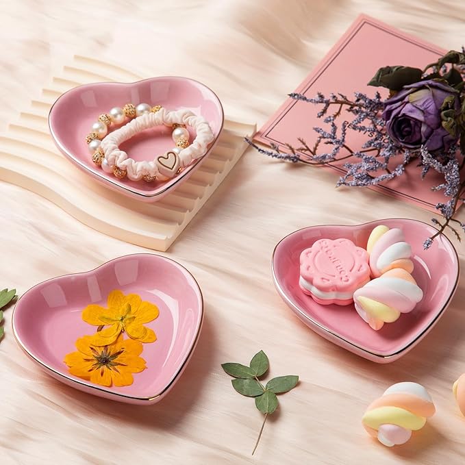 Shappy 12 Pcs Valentine Ceramic Jewelry Tray 4.5 in Pink Heart Ring Dish Trinket Gift for Women Birthdays Party Decoration