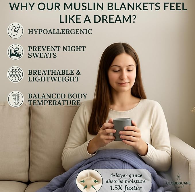 Luxury 100% Cotton Muslin Throw Blanket, 4 Layer Extra Large 50x70in, Perfect for Couch, Sofa, Home Decor, Soft Gauze Travel Blanket, Winter Cozy Throw, All Season Lavender Blue