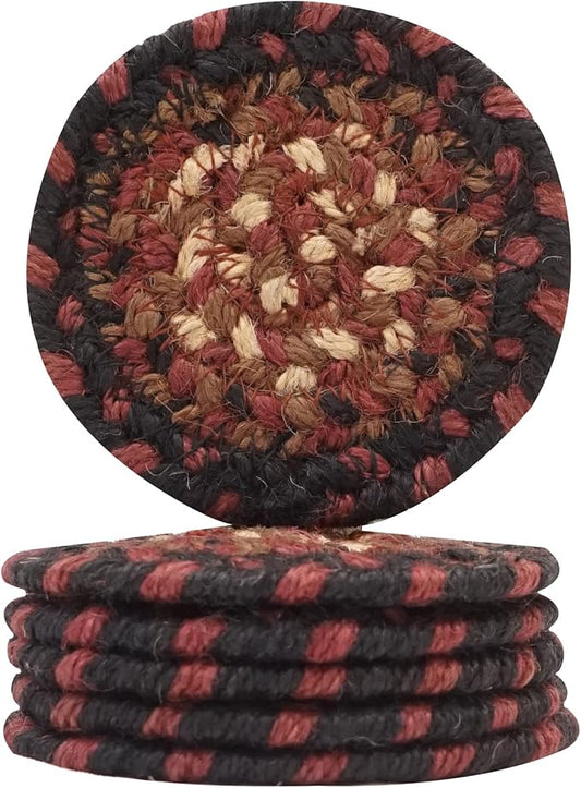 Homespice Prescott Jute Braided Coasters 4", Warm Primitive Decor, Set of 6, Black and Red - Durable, Absorbs Moisture, Easy to Clean and Protects Furniture