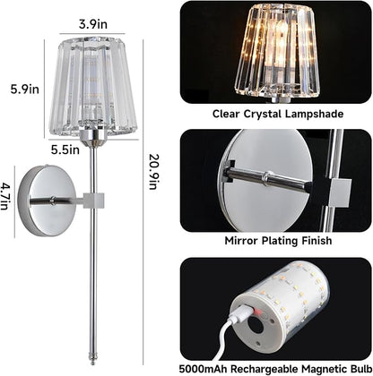 Battery Operated Crystal Wall Sconce Set of 2, Chrome Wireless Wall Sconce with USB Rechargeable LED Light Bulbs 12 Colors Dimmable Crystal Wall Lamp with Remote for Bedroom Living Room Bulbs Included