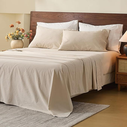 MEISHANG 100% French Pure Linen Sheets California King Size - 6 PC Extra Deep Pocket Sheet Set, Soft Durable Flax Linen, Anti-Tear Breathable & Oeko-Tex Certified 18-24 Deep Pocket,All Season(Linen)