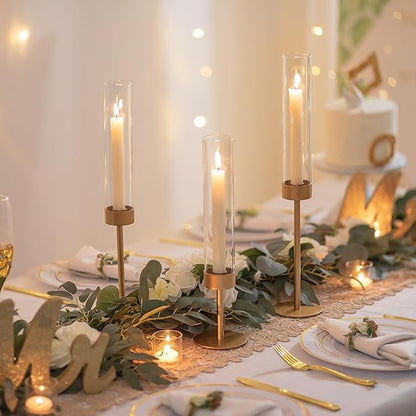 Glass Hurricane Candlestick Holders Gold - Romadedi 18 PCS Taper Candle Holder Bulk Tall Clear Glass Cylinder Table Centerpiece Wedding Decor Party Birthday Christmas Home Decorations