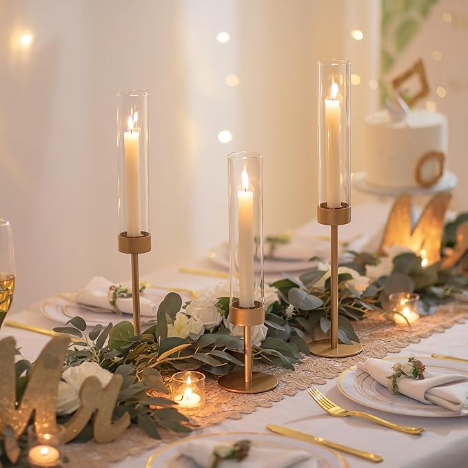 Glass Hurricane Candlestick Holders Gold - Romadedi Set of 6 Taper Candle Holder Bulk Tall Clear Glass Cylinder Table Centerpiece Wedding Decor Party Birthday Christmas Home Decorations