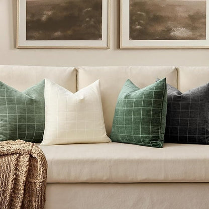 MIULEE Decorative Chenille Check Throw Pillow Covers Vintage Plaid Couch Pillows 20x20 Inch Set of 2 Neutral Boho Farmhouse Cushion Covers Modern Spring Home Decor for Sofa Bed Living Room Sage Green