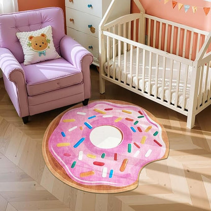 JINCHAN Cute Round Rug 4ft Strawberry Donut Fun Rug Washable Playroom Mat Sweet Dessert Circle Cool Rug Non Slip 4' Round Soft Cozy Pink Floor Mat Funky Gift for Girls Kids Teens Dorm Bedroom Playroom