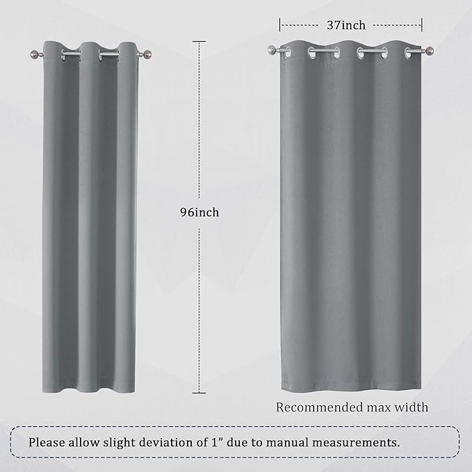 DUALIFE Grey Blackout Curtains for Bedroom 96 inches Long Grey Grommet Window Treatment Thermal Insulated Room Darkening Window Panels Drapes for Living Room 42x96 inch Length 2 Panels