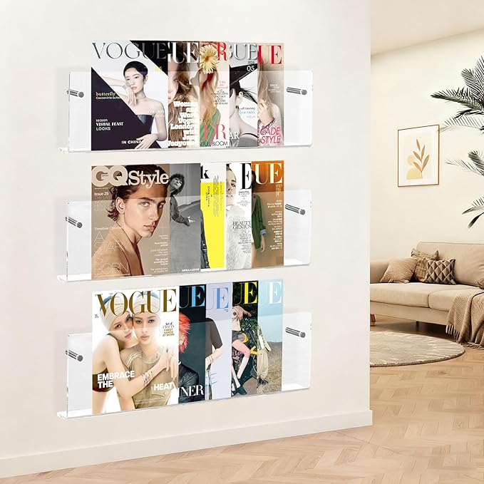 2 Pack Acrylic Magazine Holder, Wall Mounted Magazine Rack Floating Bookshelf for Waiting Room, Living Room, Office, Home (Clear, 24 Inch)