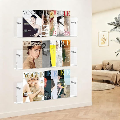 2 Pack Acrylic Magazine Holder, Wall Mounted Magazine Rack Floating Bookshelf for Waiting Room, Living Room, Office, Home (Clear, 24 Inch)