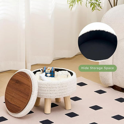 Wimarsbon Pouf Ottoman, 100% Cotton Knitted Boho Footstool, Round Footrest with Non-Skid Wood Legs, Home Décor Handmade Pouffe, Leisure Floor Step Stool for Living Room (Storage Beige)