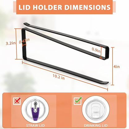 2 Pack Tumbler Lid Organizer, Horizontal Tumbler Lid Storage Hook to Hold Up 20 Lids, Space Saving Cup Lid Holders Under Cabinet Tumbler Lid Hook for Kitchen Organizer, Paper Towel Rack Hanger (Black)