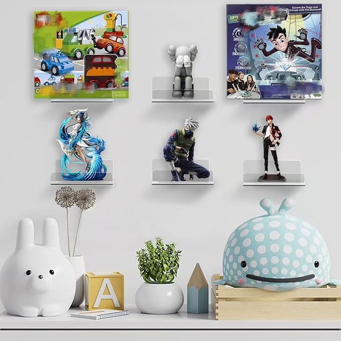 Floating Acrylic Shelves, 4x4 Inch Clear Wall Shelves, Small Plant Display Stand (No Drill Shelf, 4 Pack)