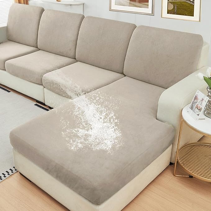 NAISI Waterproof Couch Cushion Covers Thick Velvet Fabric Washable Sofa Slipcovers Sectional Couch Covers for 4 Pieces Separate L Shape Couch Cover with Elastic Bottom(3 Seater + 1 Chaise,Light Taupe)