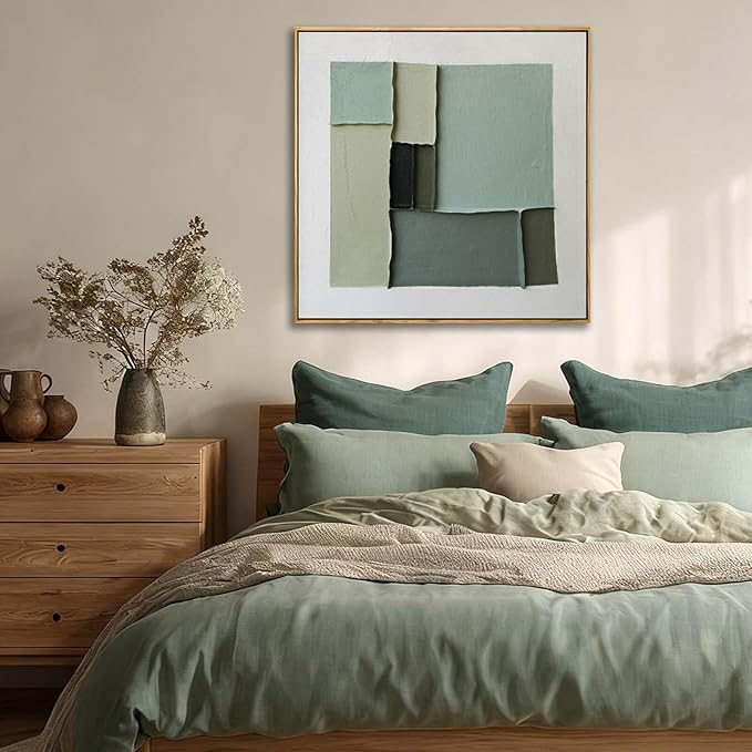 LEVERUP Square Geometric Painting Pictures Green Abstract Wall Artwork Modern Wall Decorations for Living Room Bedroom 24×24 Inch Office Canvas Photos