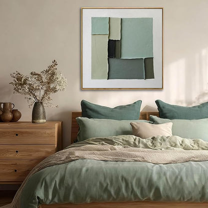 LEVERUP Square Geometric Painting Pictures Green Abstract Wall Artwork Modern Wall Decorations for Living Room Bedroom 24×24 Inch Office Canvas Photos