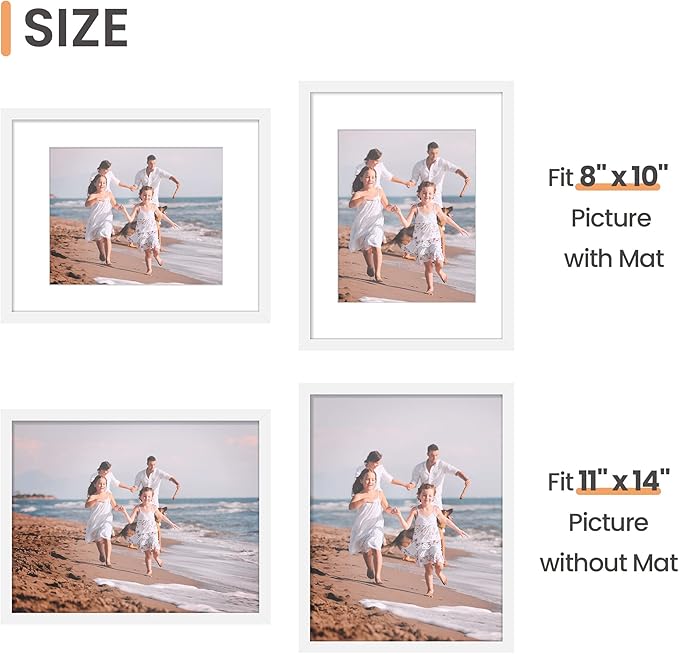 upsimples 11x14 Picture Frame Set of 5, Display Pictures 8x10 with Mat or 11x14 Without Mat, Wall Gallery Photo Frames, White