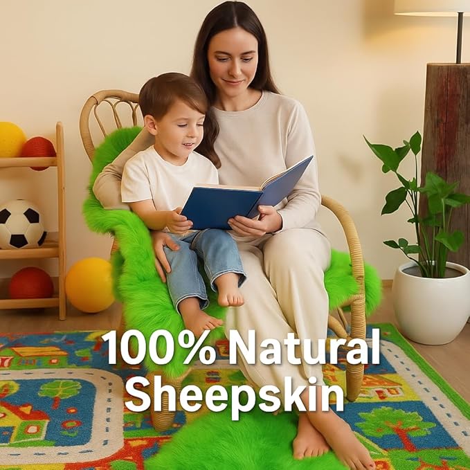 HUAHOO Premium Genuine Sheepskin Rug Camel Real Australia Sheepskin Natural Lambskin Fur Area Rug Seat Covers for Kids Bedroom Sofa Chair Cover Pets Dogs Mat Double Pelt/2' x 6' Green