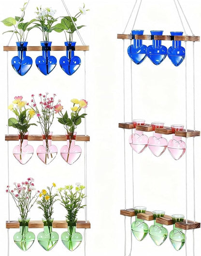 Leinuosen Wall Hanging Plant Propagation Stations 3 Tiered Planter Terrarium with Wooden Stand Home Decor Valentines Gifts for Her Hydroponics Plant Lovers - 9 Glass Vases(Heart Shaped,Multicolor)