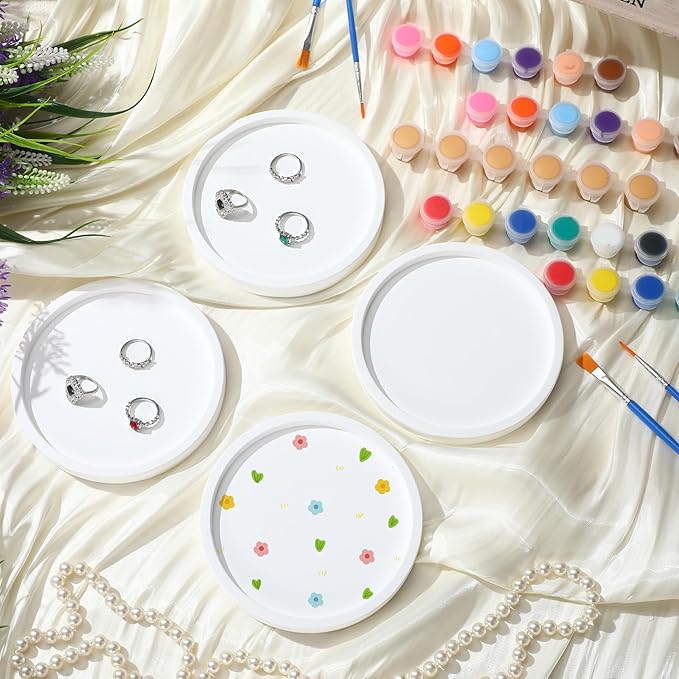 MotiMind 4 Set Ceramics to Paint Round Jewelry Tray Ready to Paint Your Own Ceramic Ring Dish Holder DIY Unpainted Plaster Trinket Dish Paintable Tray Crafts with Brush Palette for Adults