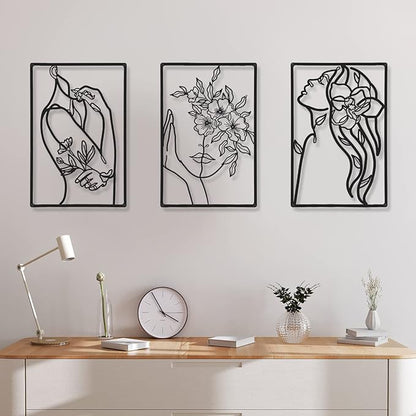 CHENGU 3 Pieces Metal Minimalist Abstract Woman Wall Art Line Drawing Wall Art Decor Single Line Female Home Hanging for Kitchen Bathroom Living Room