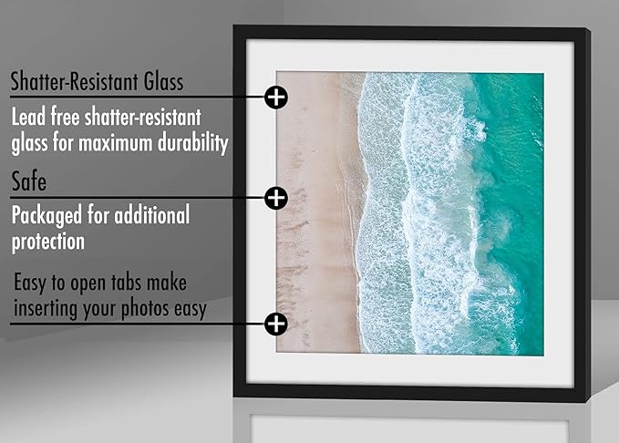 Americanflat 11x11 Picture Frame with Shatter-Resistant Glass - Use as 8x8 Frame with Mat or Display 11x11 Photo Without Mat - Streamline Collection - Thin Border Square Frames for Wall - Black