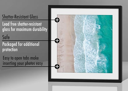 Americanflat 11x11 Picture Frame with Shatter-Resistant Glass - Use as 8x8 Frame with Mat or Display 11x11 Photo Without Mat - Streamline Collection - Thin Border Square Frames for Wall - Black