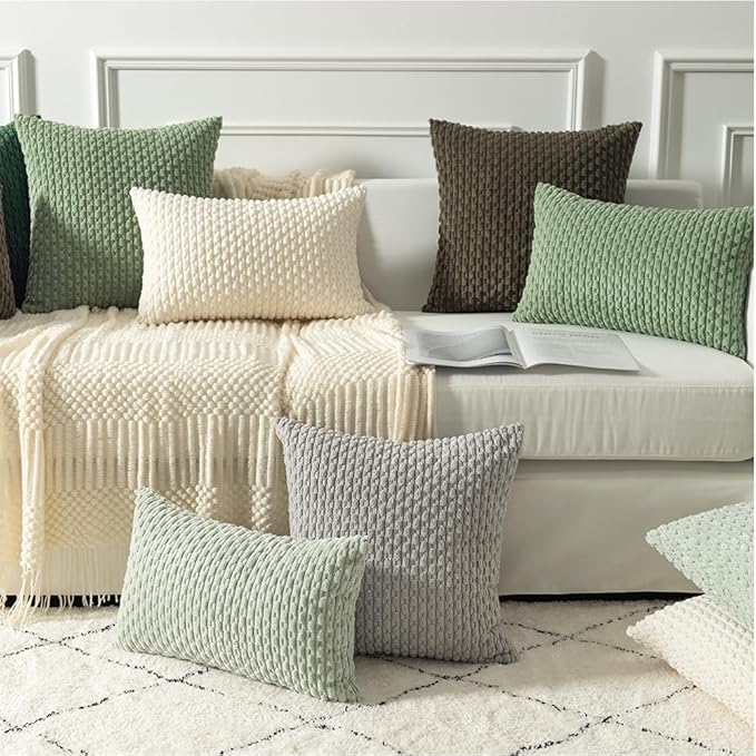 Kevin Textile Pack of 2 Corduroy Decorative Throw Pillow Covers 24x24 Inch Soft Boho Striped Pillow Covers Modern Farmhouse Home Decor for Spring Sofa Living Room Couch Bed Light Green