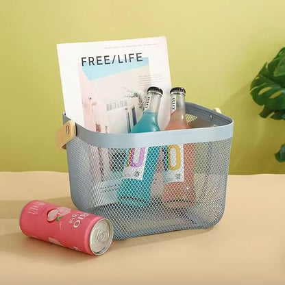 Metal Mesh Wire Basket, Small Steel Basket with Wooden Handle Storage Organizer Basket Multi-functional Hanging Kitchen Baskets Fruit Baskets for Kitchen Bathroom Cabinet Pantry Snacks, Blue
