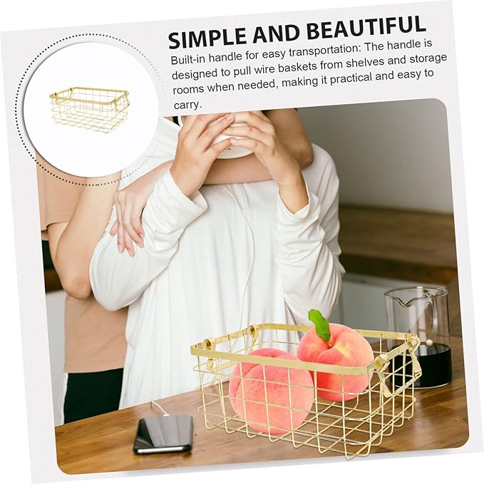 GLEAVI Nordic Style Metal Wire Basket with Handles Decorative Iron Storage Basket for Fruits Vegetables and Sundries Portable Organizer for Home and Kitchen