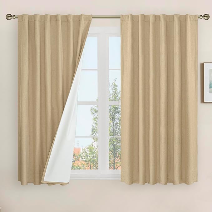 LAMIT Natural Linen Full Blackout Window Curtains for Bedroom, 54 Inches Thermal Farmhouse Curtains Back Tab and Rod Pocket Privacy Protected Burlap Panels with White Liner, 2 Panels, 52 x 54 Inch