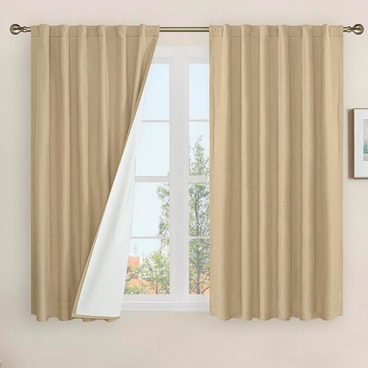 LAMIT Natural Linen Full Blackout Window Curtains for Bedroom, 54 Inches Thermal Farmhouse Curtains Back Tab and Rod Pocket Privacy Protected Burlap Panels with White Liner, 2 Panels, 52 x 54 Inch